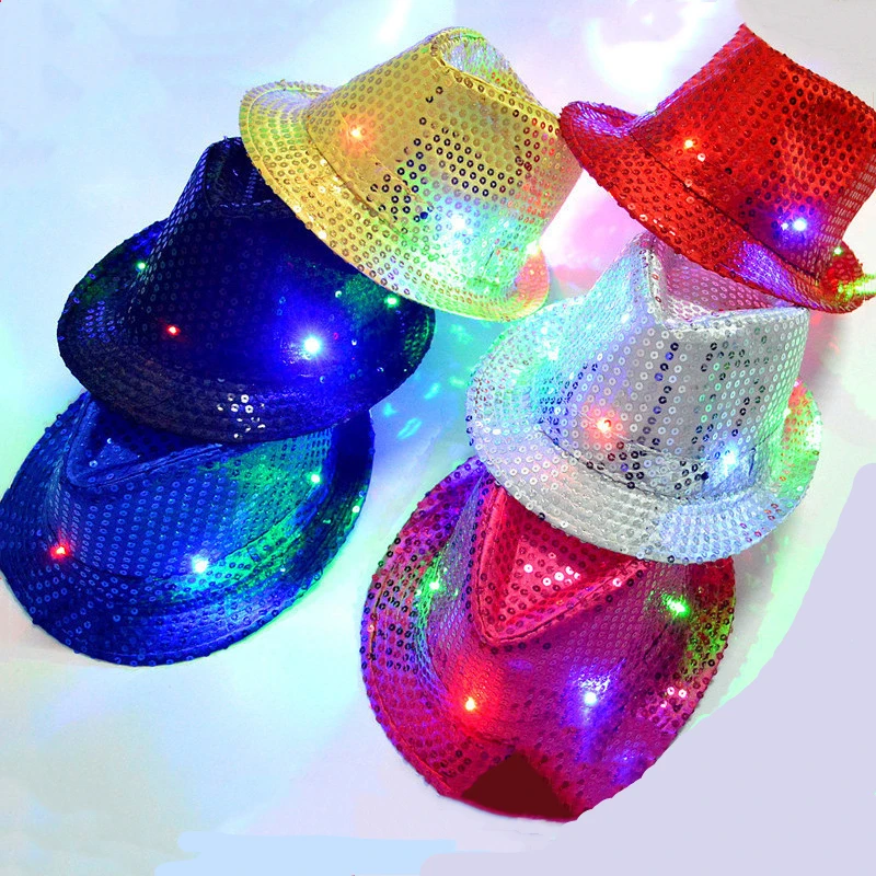 

Hot Sale Sequins LED Light Hats Hip Hop Jazz Hats Flash Birthday Party Cap Wedding Decoration Halloween Nightclub Carnival Hats