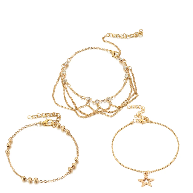 Docona Boho золотой цвет кристалл звезда цепи многослойный ножной браслет набор для женщин Регулируемый Бисером ножные браслеты ювелирные изделия для ног 8143