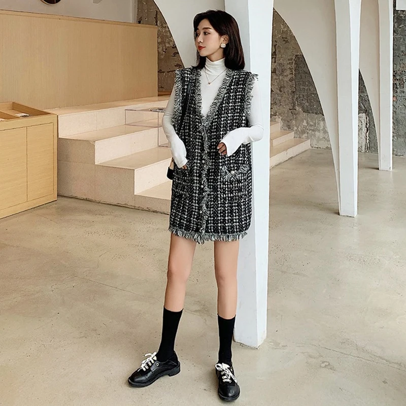 Women New Retro Black Beige Plaid Tweed Vest Houndstooth Waistcoat Pockets Long Sleeveless Tassel Jacket Outerwear Female Tops