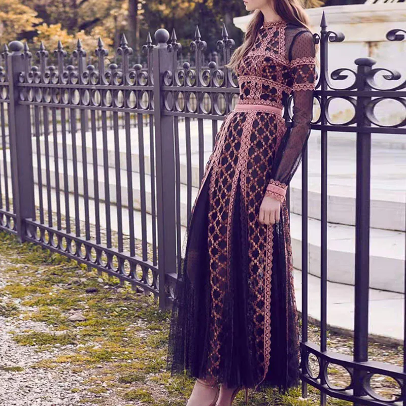 Hoge Kwaliteit Nieuwe Mode 2020 Designer Vrouwen Lange Mouw Roze Kant Patchwork Zwarte Stip Gaas Geplooide Maxi Lange Jurk Hoge Kwaliteit Nieuwe Mode 2020 Designer Vrouwen Lange Mouw Roze Kant Patchwork Zwarte Stip Gaas Geplooide Maxi Lange Jurk