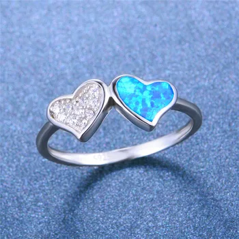 

Cute Ladies Double Heart Blue OPal Ring With Crystal Fashion 925 Sterling Silver Wedding Ring Classic Promise Rings For Women