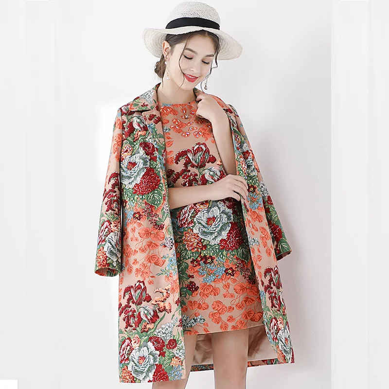 

New Arrival 2019 Autumn Long Sleeve Vintage Beaded Trench+Vintage Vest Dress Women's Dress Set 190902LU11