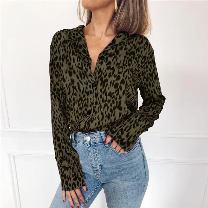 Женская винтажная леопардовая блузка с длинным рукавом и отложным воротником, повседневная элегантная рубашка из органической кожи, осенняя Новая модная женская блузка