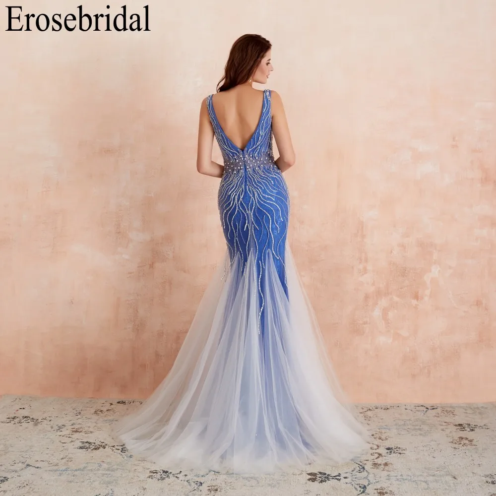 Erosebridal Русалка вечернее платье длинное светильник серый бисером роскошное длинное торжественное платье со шлейфом открытая спина