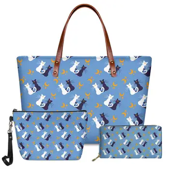 

FORUDESIGNS Moon Stars And Purple Cats Printing 3pcs/set Women Handbag&Wallet&Make Up Bags Brand Designer Bolsa Femininas 2020