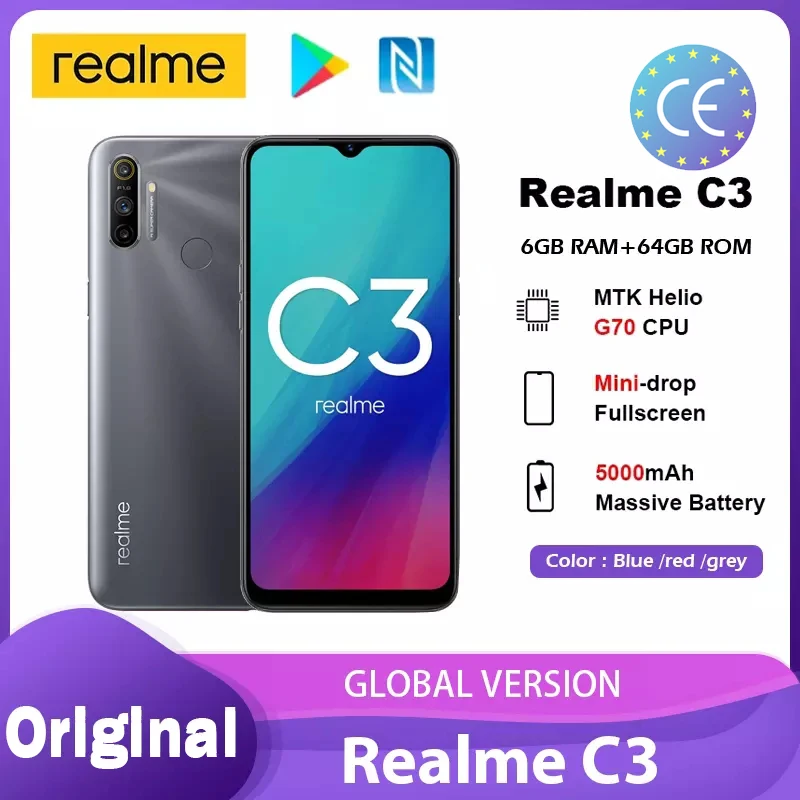 Realme c3 nfc smartphone 3gb 64gb 5000mah helio g70 processador 12mp ai câmera dupla fullscreen telefones android play store