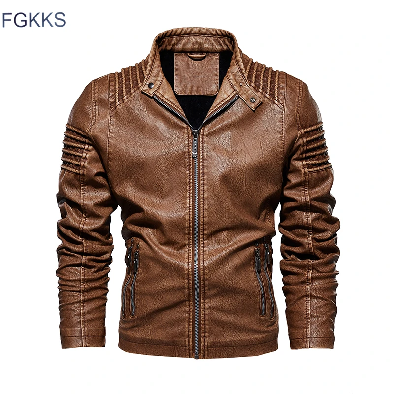 FGKKS мужские кожаные куртки пальто осень зима мужская мода мотоциклетная искусственная куртка пальто мужские повседневные Высококачественные Куртки из искусственной кожи