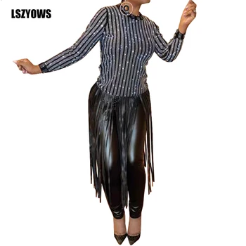 

Bling Rhinestones T-shirts Women 2020 Spring Fashion Long Sleeve PU Leather Tassel Tee Shirt Female Slim Elegant Party Long Tops