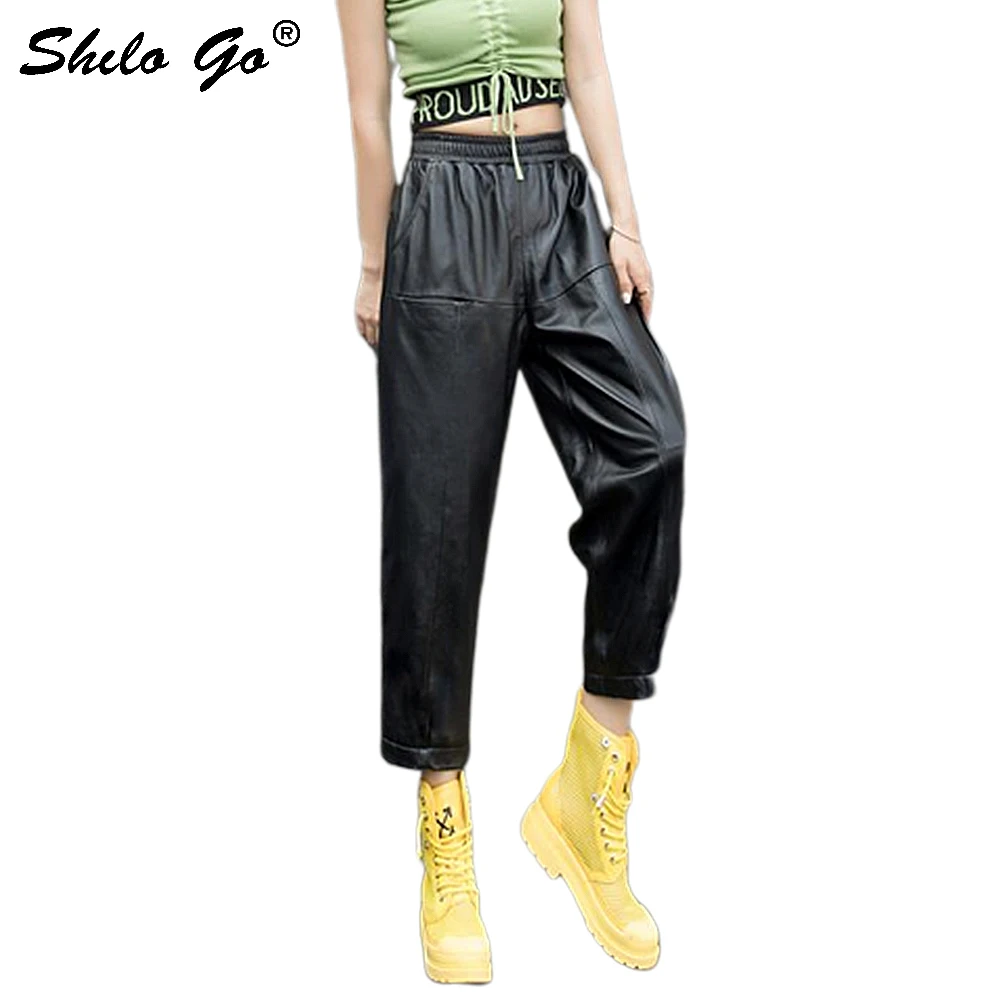 Lederen Broek Zwart Elastische Wasit Harembroek Vrouwen Crop Broek Herfst Hoge Taille Casual Pocket Schapenvacht Broek Lederen Broek Zwart Elastische Wasit Harembroek Vrouwen Crop Broek Herfst Hoge Taille Casual Pocket Schapenvacht Broek