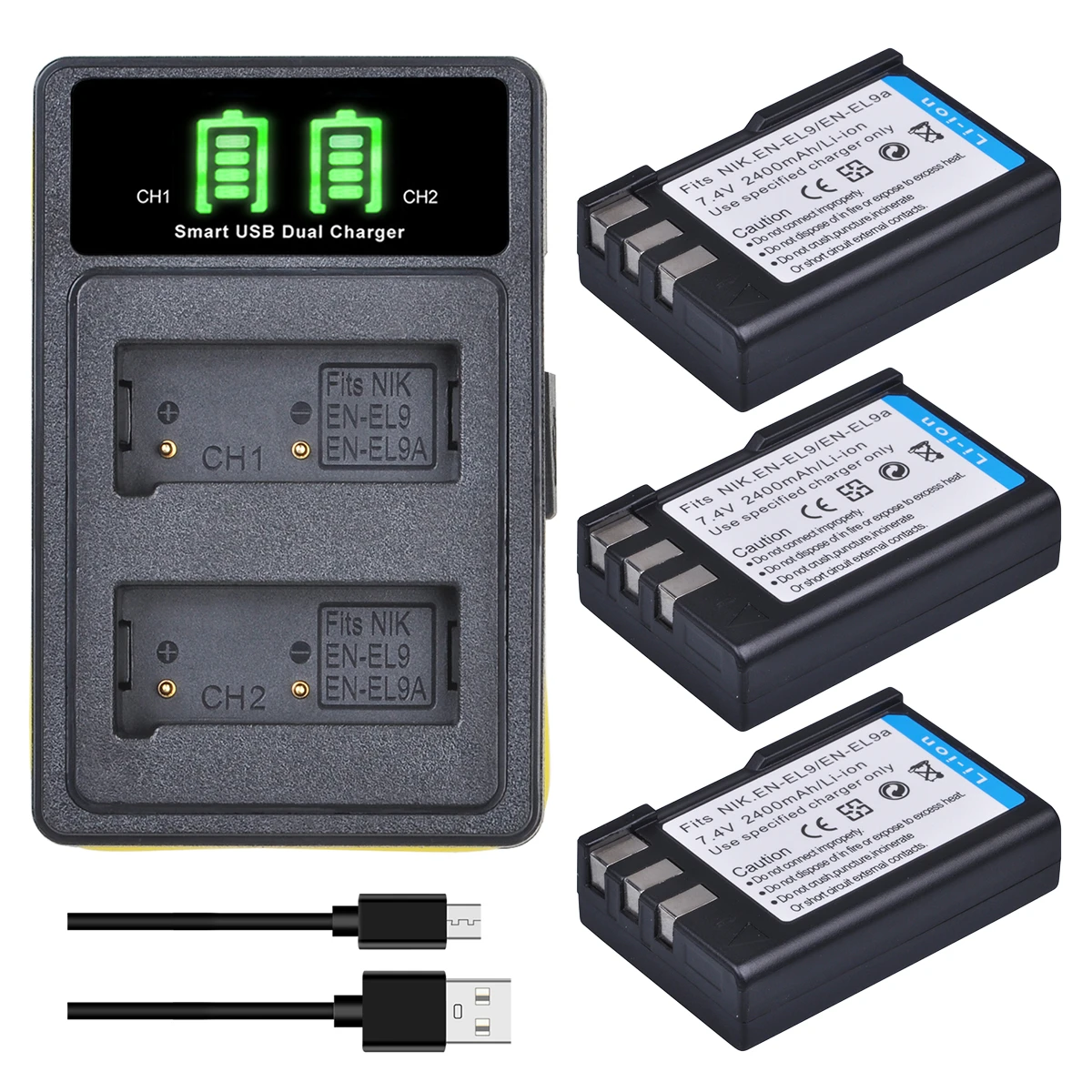 2400mAh EN-EL9 EN EL9A EN EL9 ENEL9 Batteries + LED Dual Type C Charger for Nikon D40 D40X D60 D3000 D5000 Digital Camera