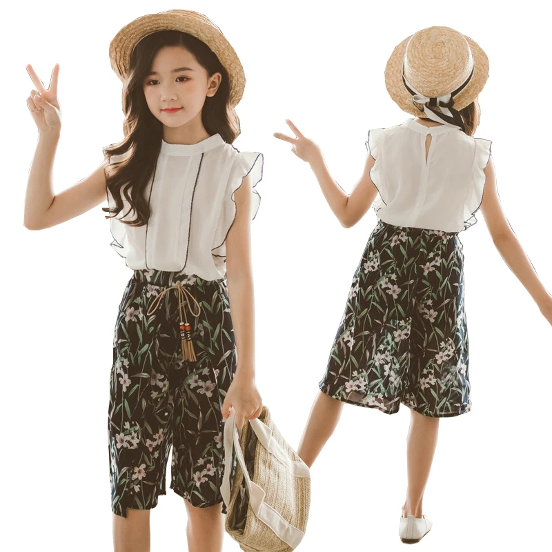 

Summer Teen Girls Clothing Sets Kids T-shirt +Wide Leg Pants Suits Children Short Sleeve Child Girl Clothes 7 9 10 12 13 14 Year