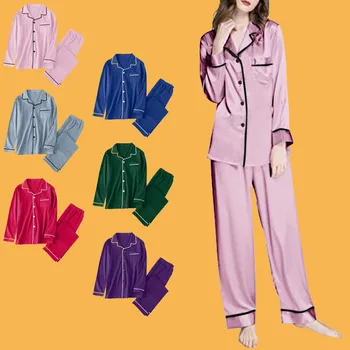 

Women Long Sleeve Like Silk Pajamas Two Piece Sets Women Robe Sets Loose Patchwork Sexy Sleepwear Silk Casual Женские Пижамы