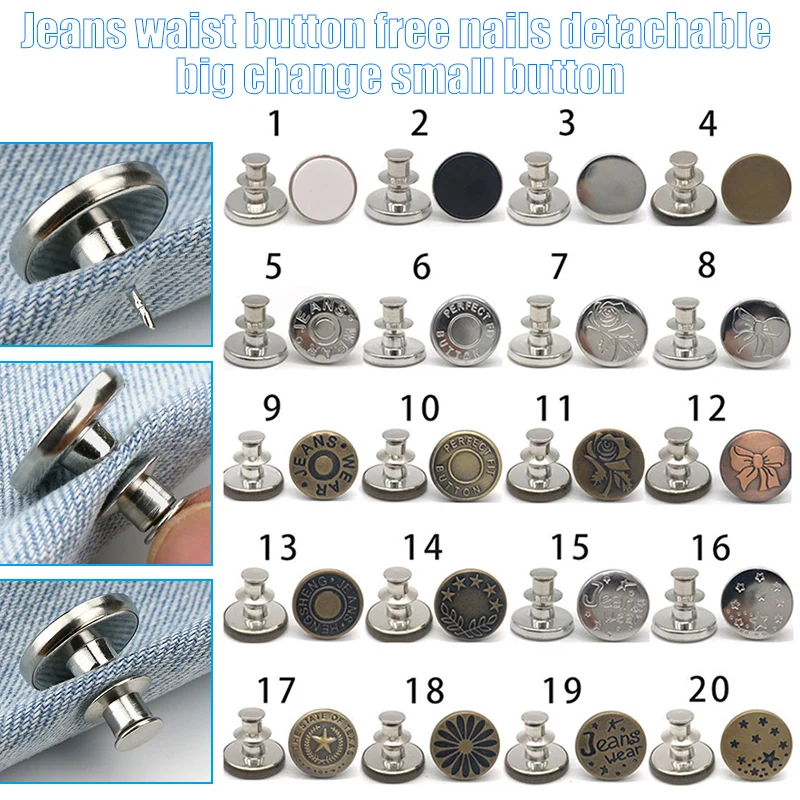 10 шт Выдвижная кнопка для джинсов регулируемая съемная нестепленная металлическая кнопка цинковый сплав круглая A66
