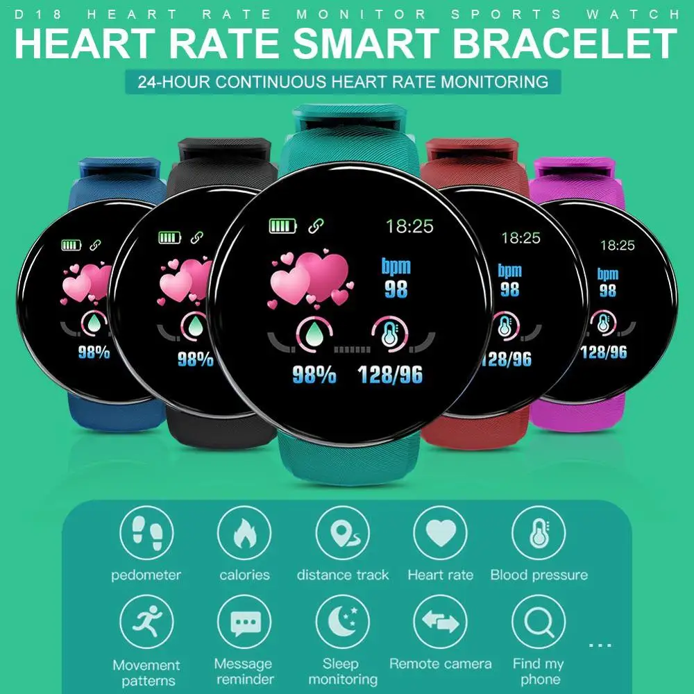 

D18 Smart Watch Men Heart Rate Blood Pressure Smart Bracelet Sport Fitness Waterproof Smart Watch 2020 For Women Fashion Watches