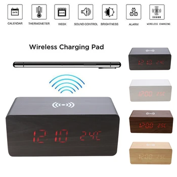 

Wooden LED Alarm Clock with Qi Wireless Charging Pad Sound Control Charger LED Clock Kit Light Control Temperature Date