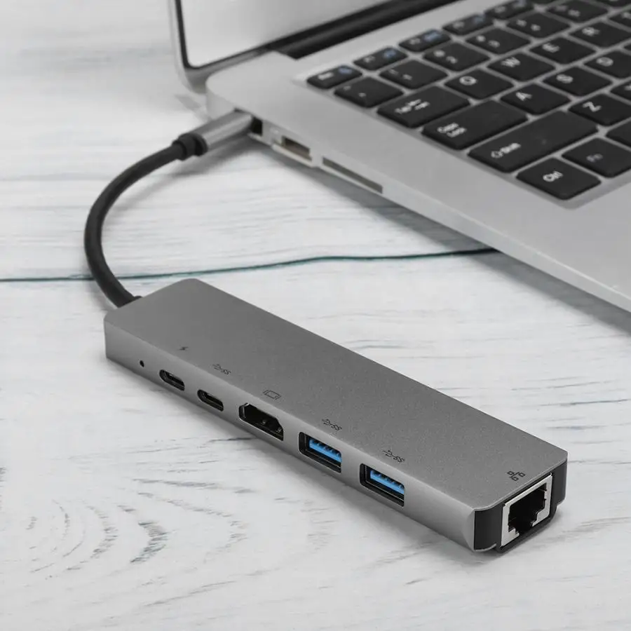 Легкий СЕРОГО МЕТАЛЛА 6 в 1 USB C для Тип поддержкой 3 USB3.0 концентратор HDMI Rj45 Ethernet