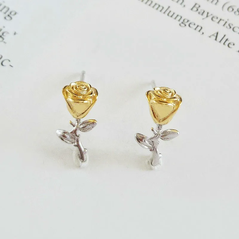 

925 Sterling Silver Rose Stud Earings For Women Flowers Plants Gold Simple Earrings Mujer Fine Accesorios Jewellery Kolczyki