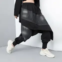 2019 осенние джоггеры женские Лоскутные Джинсовые штаны-шаровары индивидуальная уличная имитация двух частей повседневные длинные брюки