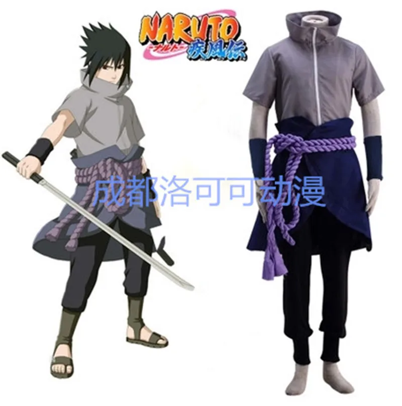 Аниме Наруто Косплей Учиха Саске высокое качество униформа набор карнавальый костюм для хеллоуина костюм, полный набор топ+ брюки+ ремень+ фартук