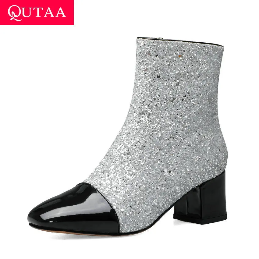 

QUTAA 2020 Sequins Mixed Color Patent Leather Fashion Ankle Boots Middle Heel Square Toe Zipper All Match Women Shoes Size 34-39