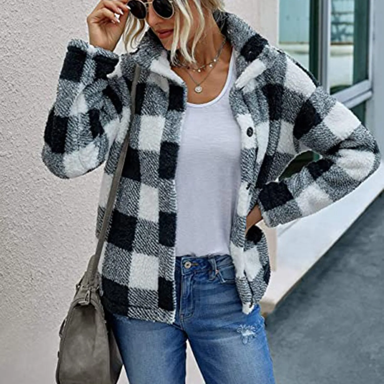 

Women's Cardigan Pocket Long Sleeve Plaid Stand Collar Cardigan Sweater Plush Coat Fashion Printed Vintage Outwear Chaqueta 2020