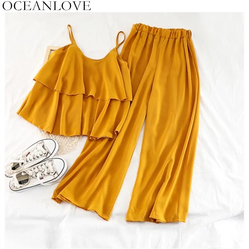 

OCEANLOVE Beach Style Solid Women Two Piece Outfits Ruffles Short Camis Elastic High Waist Ankle-length Pants Chiffon Set 11490