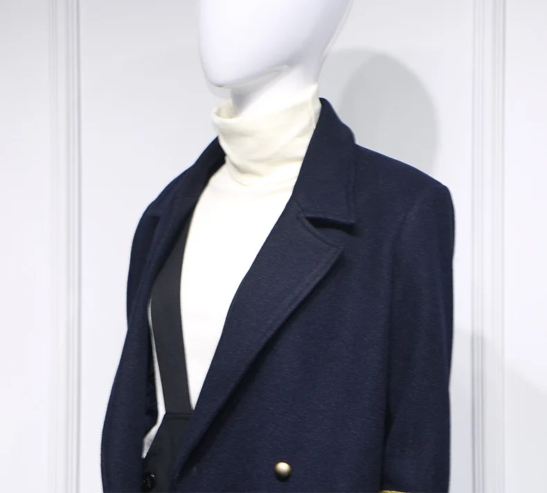 Женское шерстяное пальто в стиле милитари темно-синего цвета зимнее двубортное свободное прямое длинное пальто с отложным воротником