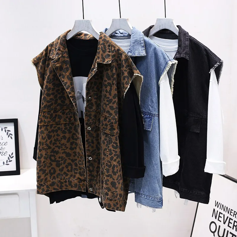

Autumn Leopard Denim Hunting Vest 2019 Fashion Good Quality Casual Street Vest For Women Loose Plus Size Black Jeans Vest Coat