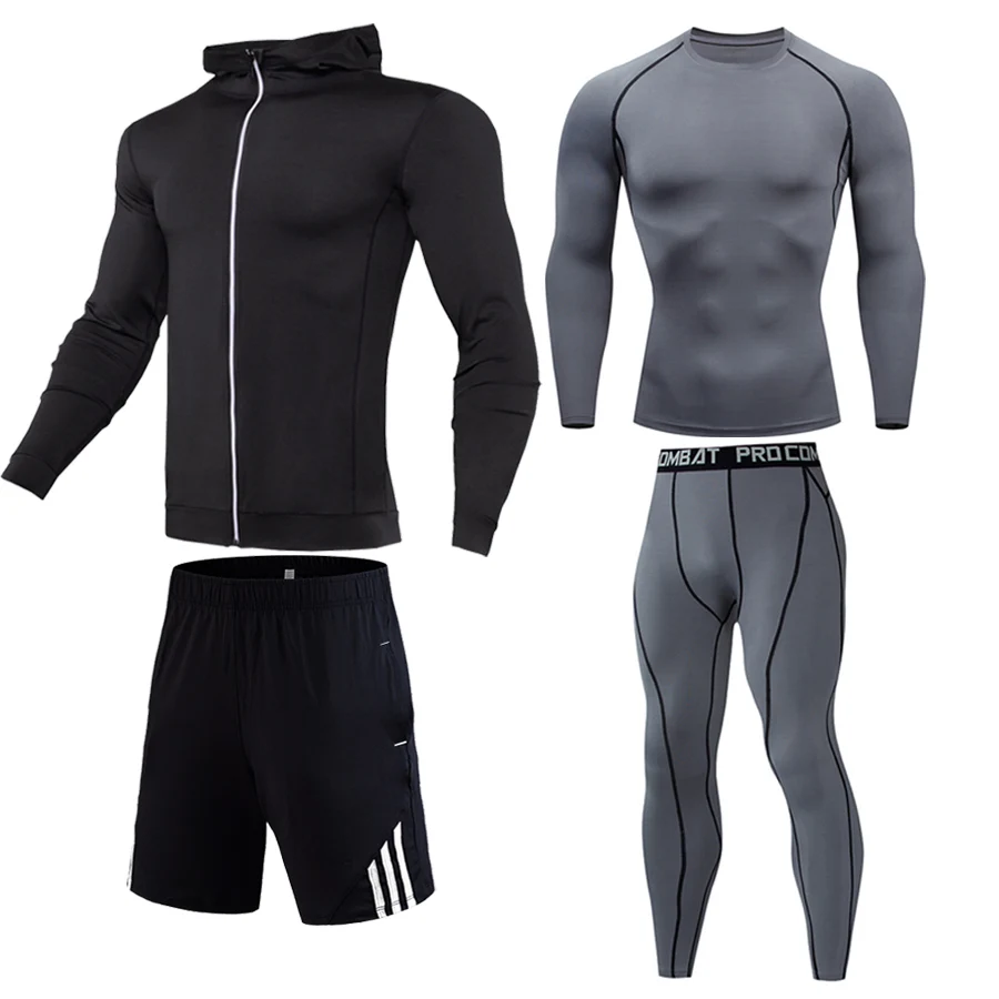 Мужской спортивный комплект нижнего белья, одежда для спортзала, компрессионные колготки, футболка, леггинсы, шорты с капюшоном, цвет, свободное сочетание, теплая зимняя одежда