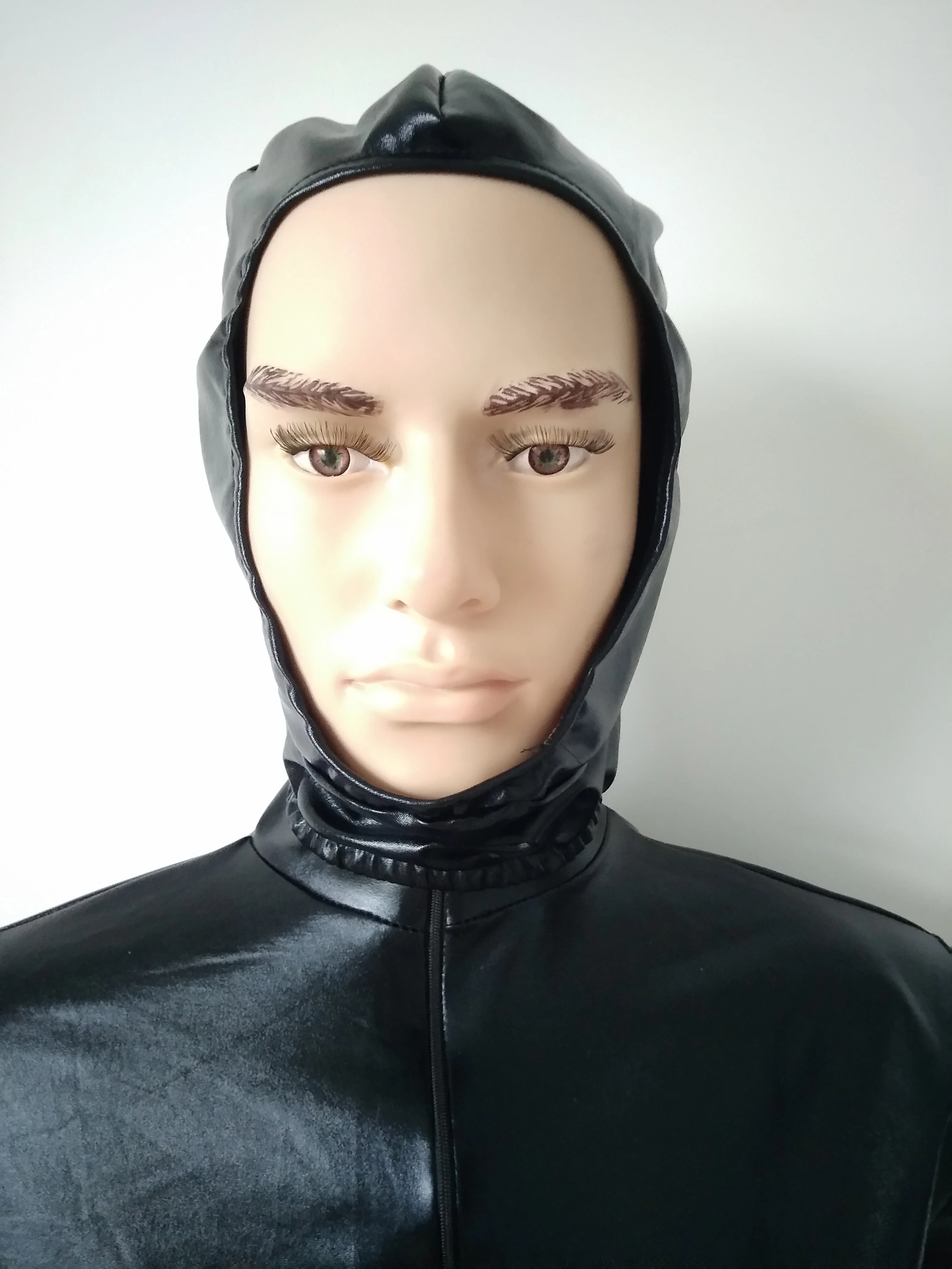 

Brand Adult kids unisex Zentai Costumes Party Halloween black color hood Cosplay Costumes Shiny Metallic Mask open face