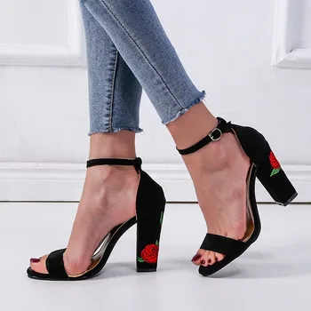 

large size sandals women's summer new European and American embroidered thick-heeled buckle sexy high-heeled sandals