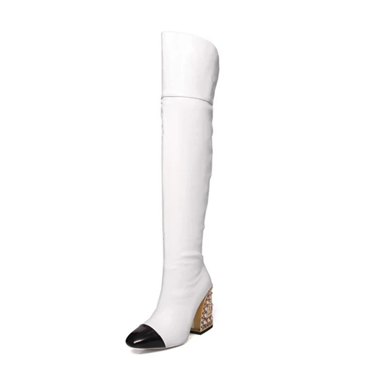White leather Высокие сапоги до бедра в европейском стиле для размера плюс; женские Сапоги выше колена на массивном каблуке, украшенные жемчугом; белые туфли большого качества; стразы со стразами; 10 - Цвет: White leather