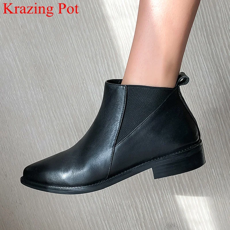 

Krazing Pot 2020 high quality cow leather pointed toe low heel slip on ankle boots Chelsea solid warm concise winter shoes L13