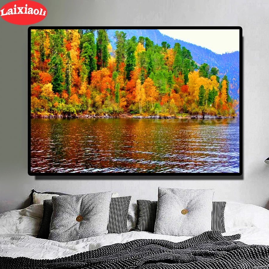 5 d diamond mosaic color forest lake landscape For Living Room Home Decor Painting embroidery natural tree view | Дом и сад