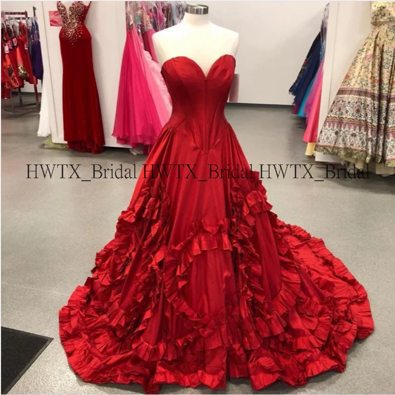 HWTX_Bridal красные платья выпускного вечера с оборками новые индивидуальные размера плюс трапециевидные атласные длинные Официальные Вечерние платья Vestidos De Novia