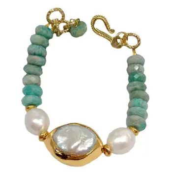 

Natural Faceted Peruvian Amazonite White Keshi Pearl Bracelet