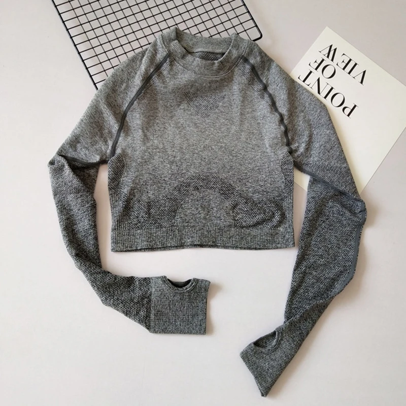 Hemp grey Женские Бесшовные колготки с длинным рукавом, укороченный топ для спортзала, занятий йогой, быстросохнущие женские эластичные рубашки - Цвет: Hemp grey