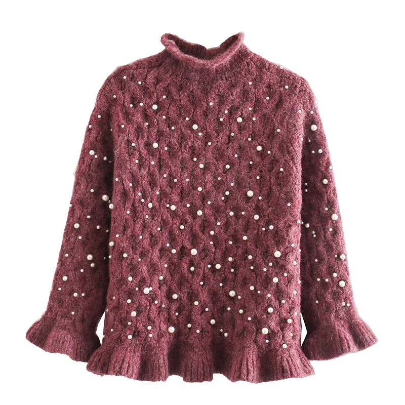 

AGong Solid Artificial Pearl Sweaters Women Fashion Sweet O Neck Sweater Women Elegant Long Sleeve Sweaters Female Ladies AC