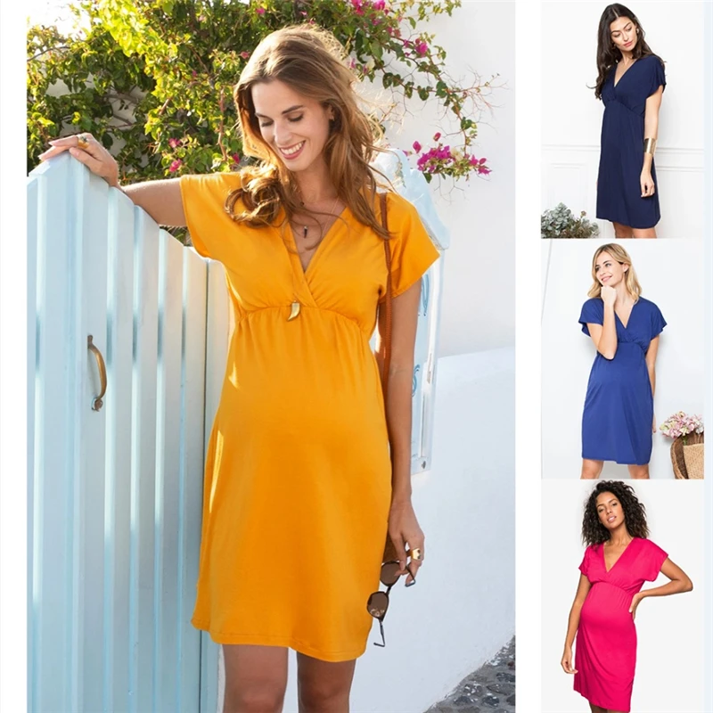 2020 New Pure Color Tie-in Waist Pregnant Women's Dress Soft And Comfortable Cotton Spot Vestidos Gestante Pregnancy Dresses 2XL | Женская