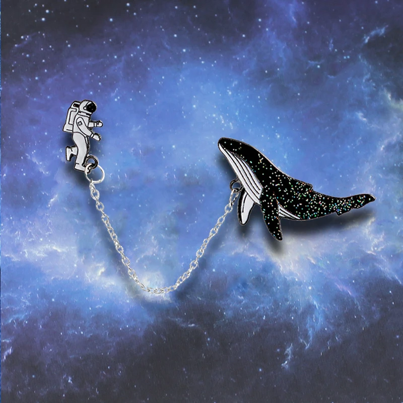 Мультфильм астронавты и кит цепи броши животное КИТ космическое пространство брошь космонавта эмаль кнопки шпильки бижутерия подарок