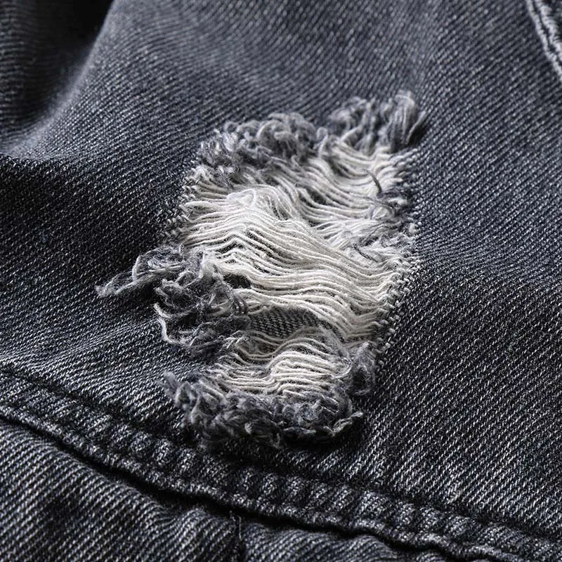 Men Fashion Ripped Jeans Jackets Outwear Letter Printed Distressed Denim Jackets Clothing For Male Black (4)