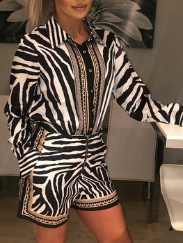 

2020 Women Summer Elegant Stylish Regular Casual Party Suit Set Zebra Print Buttoned Shirt & Zipper Short Sets
