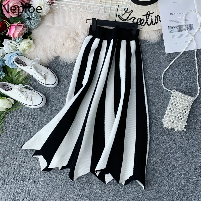 

Neploe Striped Contrast Color Knitted Skirt Women Clothes 2019 Autumn Winter Bottoms High Waist Stretch A-line Skirts 54128