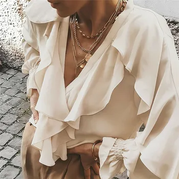

women sweet ruffled chiffon blouse transparent V neck long sleeve cute female casual fashion shirt stylish sweet wear top blusas