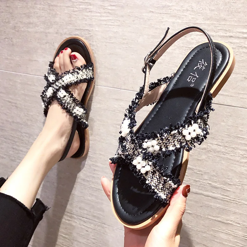 

2020 Fashion Summer New Women Sandals Casual Buckle Strap Solid String Bead Back Strap Low 1cm-3cm Large Size High Quality Open