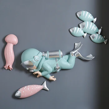 

Nordic Ocean Diver Resin Sculpture Fish Abstract Submarine Statues Kids Room Wall Decoration Pendant Living Room Crafts