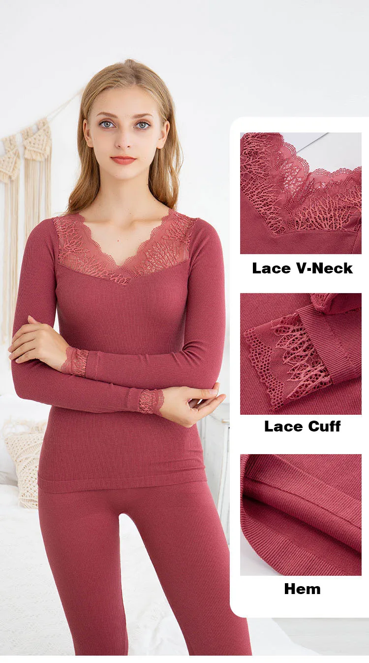 Sexy Lace Thermal Underwear For Women Winter Long Johns Set Bodycon Slim Thermal Clothing V-Neck Second Female Skin Inner Wear