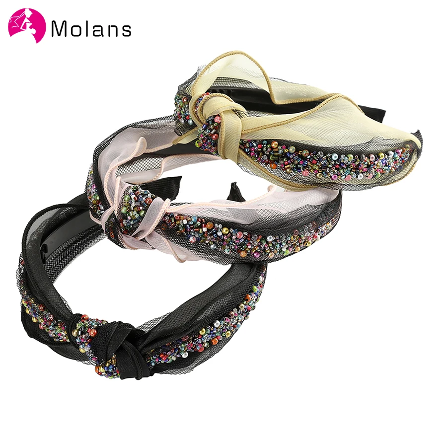 Molans красочные неровные бусы повязки для волос Твердые розовые черные сетки изысканные повязки для женщин центр узел широкие обручи для волос