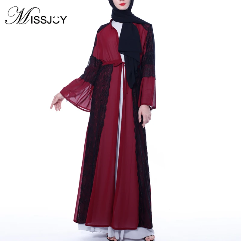 MISSJOY мусульманское abaya женское платье с расклешенными рукавами модал турецкий кафтан Средний Восточный Повседневный шифон, кружево с отделкой стиле пэчворк женский халат Плать