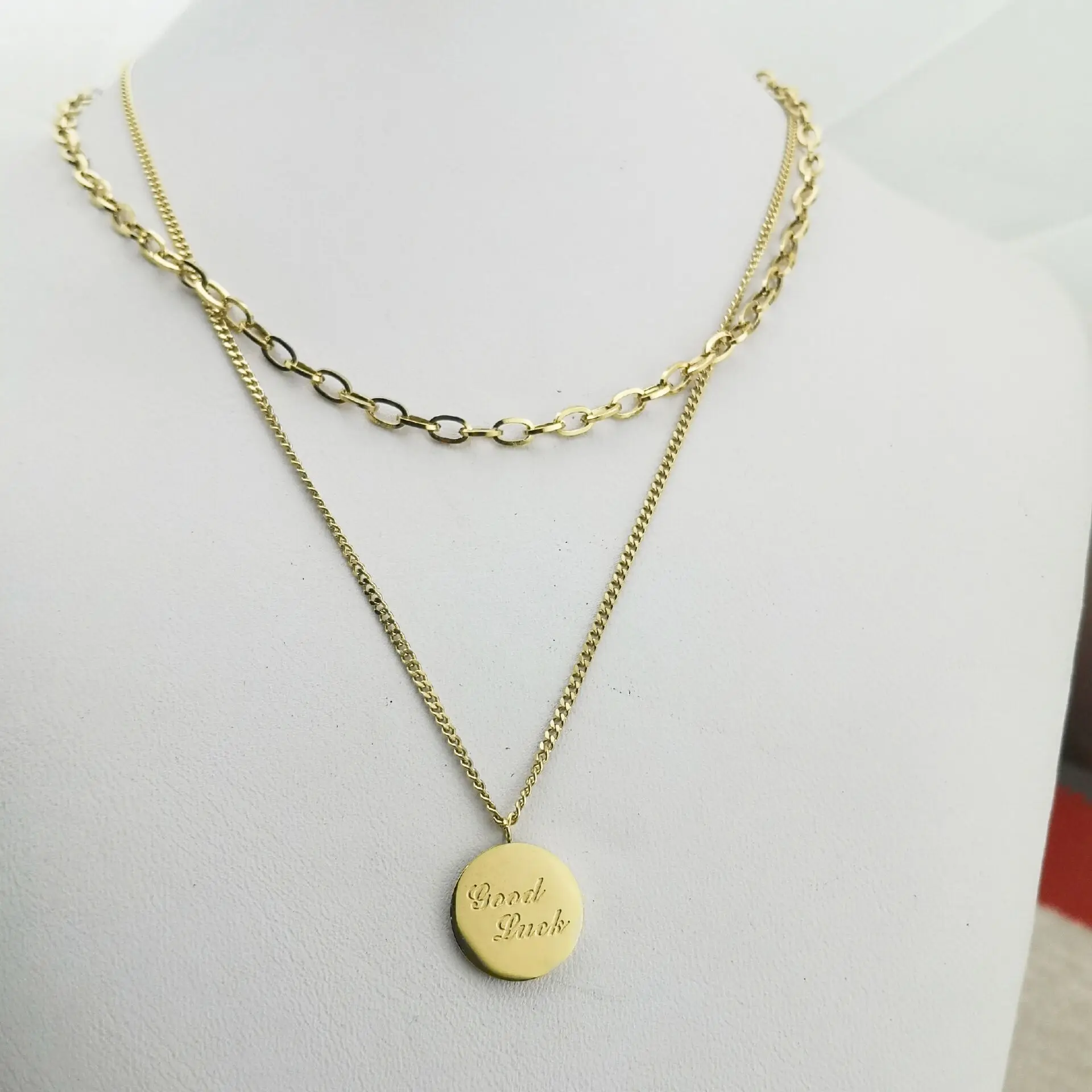 

Good luck double chain 2020 fashion popular electrocardiogram pendant necklace women shape pendant jewelry steel accessories